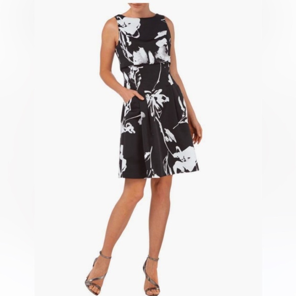 Lauren Ralph Lauren Fit & Flare Black/White Floral Sleeveless Dress & Pockets 12